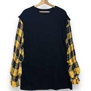 Zara Dress Womens S Black Knit Tunic Yellow Plaid Puff Statement Sleeve Academia